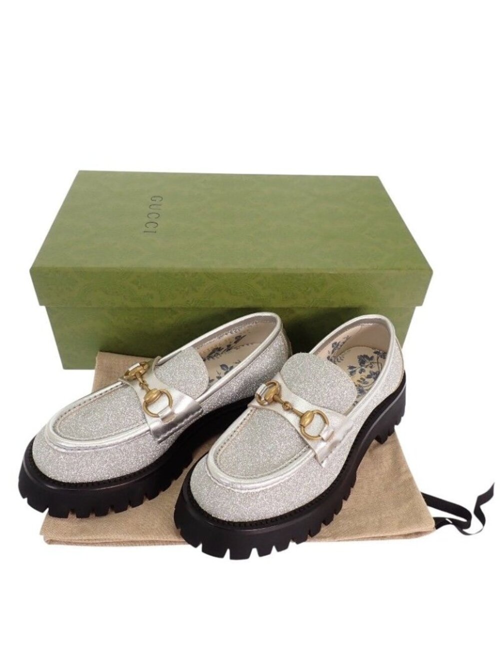 Gucci Horsebit Bee Loafers Shoes 36.5 Thick Sole Calfskin Metallic Silver Gold
